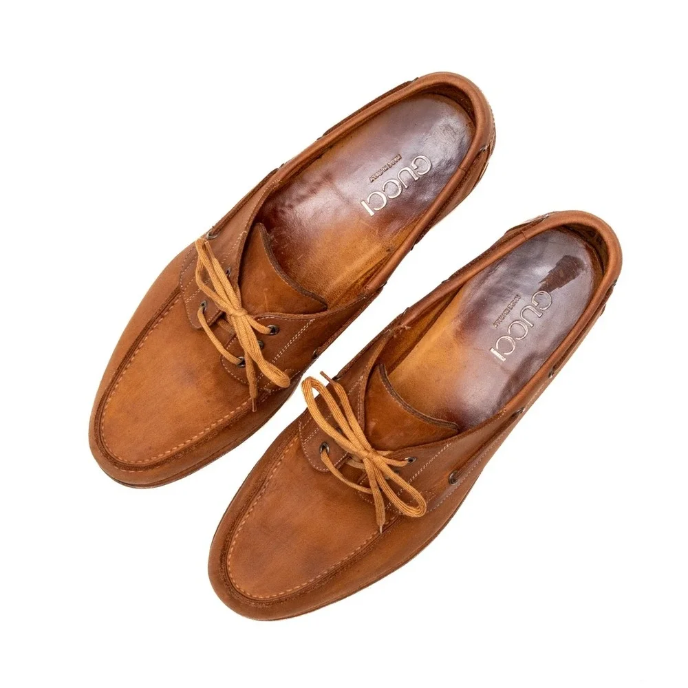 Gucci Men's Leather Boat Shoes Brown Mens US 10 Moc Toe Lace Up‎ Made in Italy